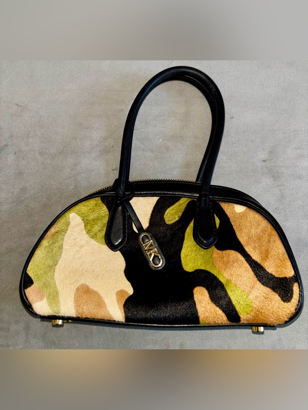 Michael Kors Camo Print Leather-Trim Dome Satchel - Black Trim Calf Hair